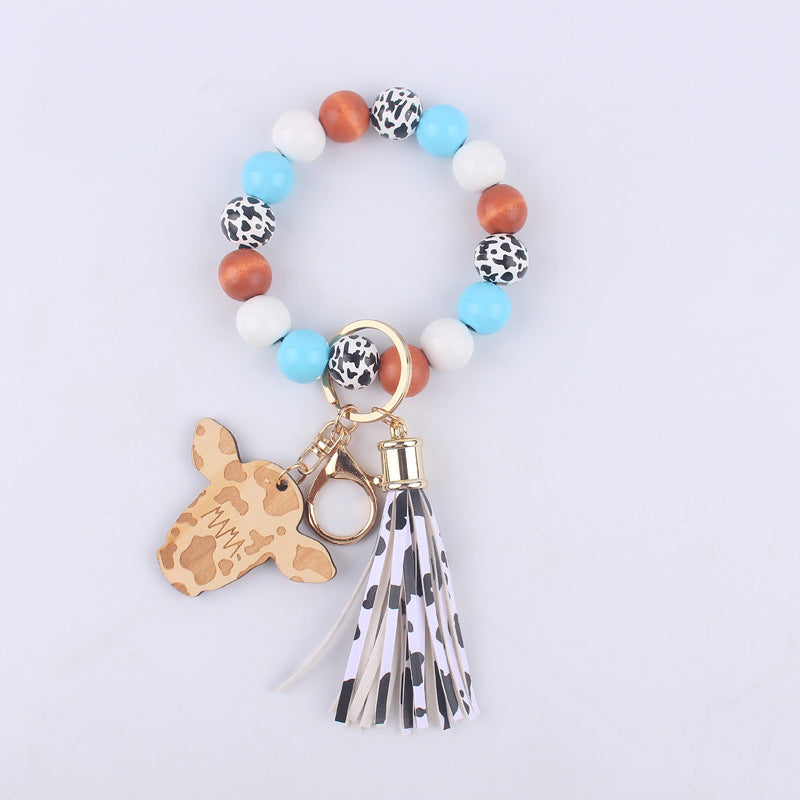 Wholesale Cartoon Western Cow Head Brand Silicone Beaded Wrist Keychain